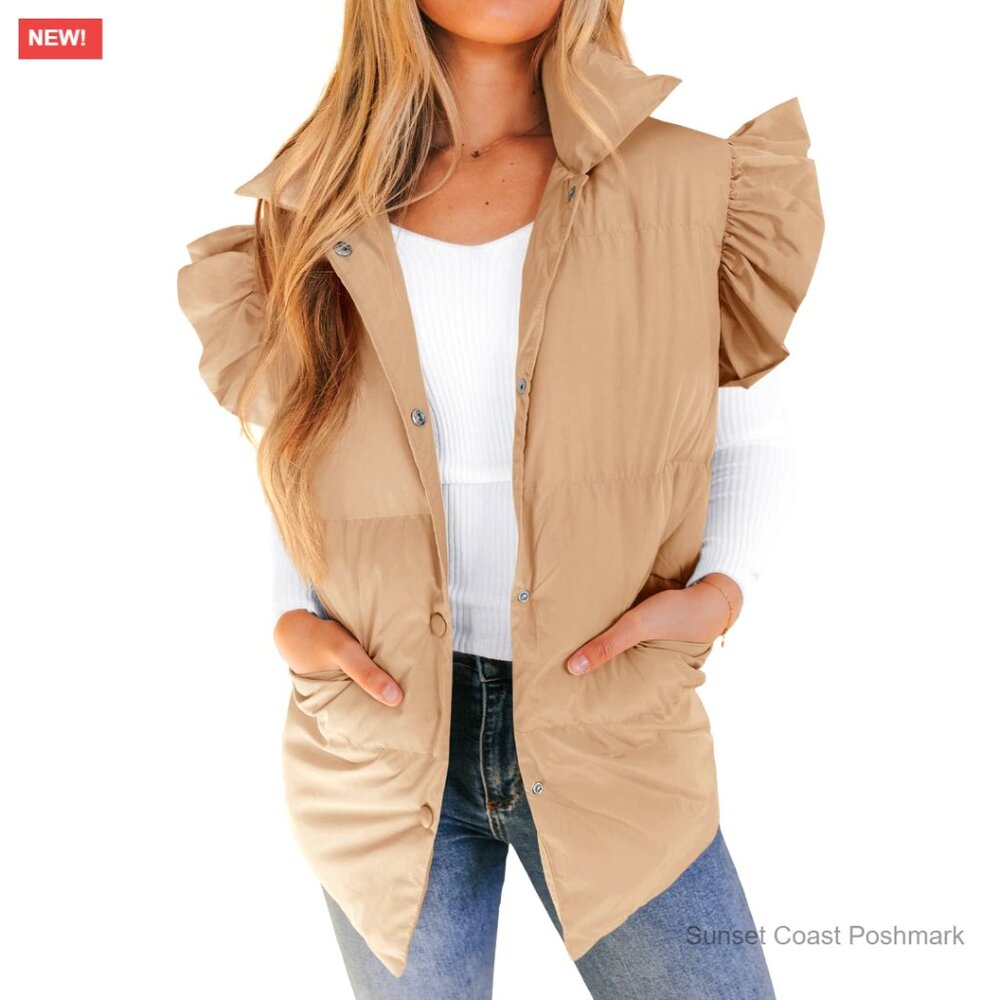 Lightweight Puffer Vest with Ruffle Cap Sleeves Tan Beige Packable Outdoor New